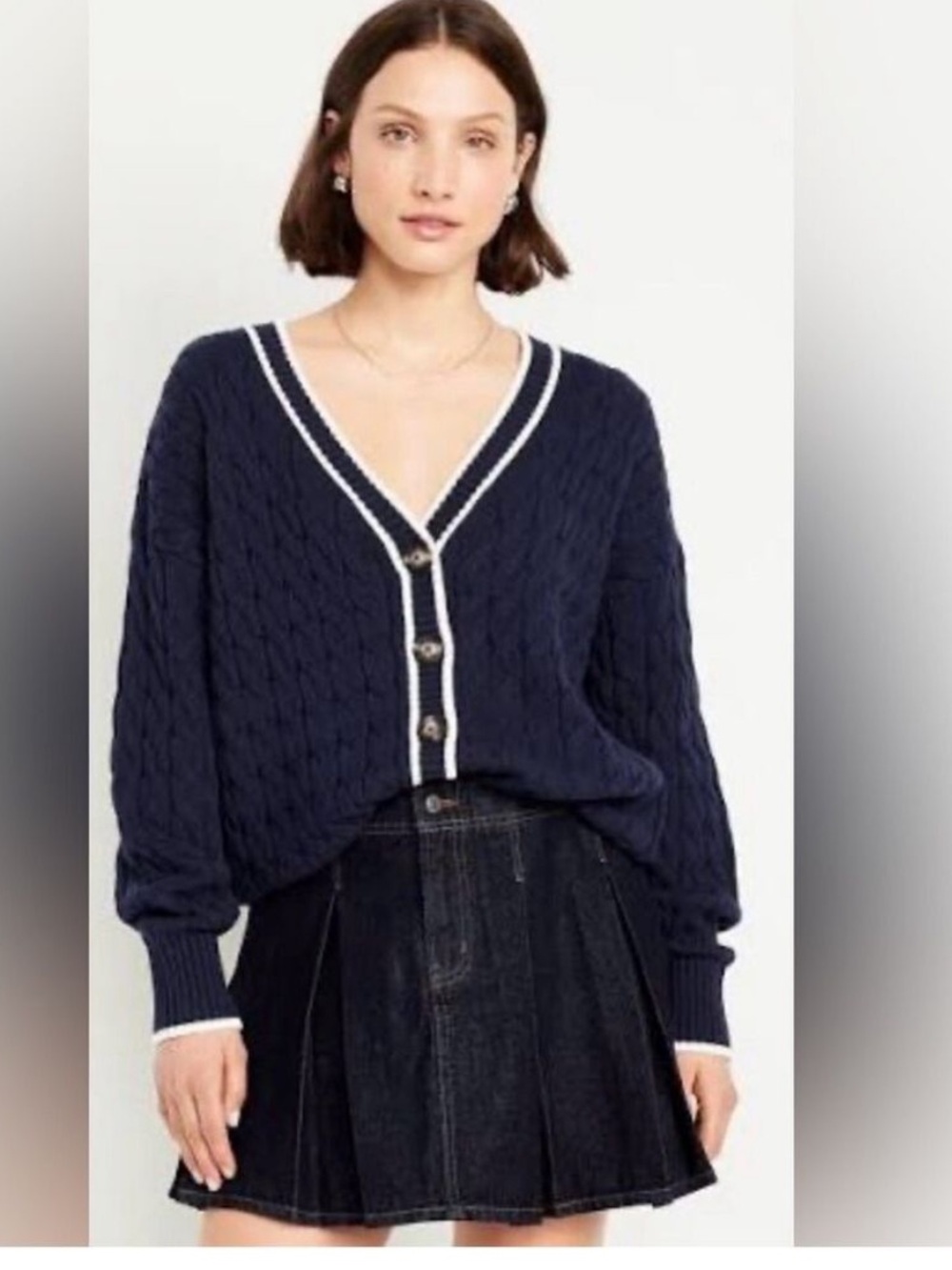 Old Navy Slouchy Cable Knit Blue Preppy Nautical V Neck Button Front Cardigan XL